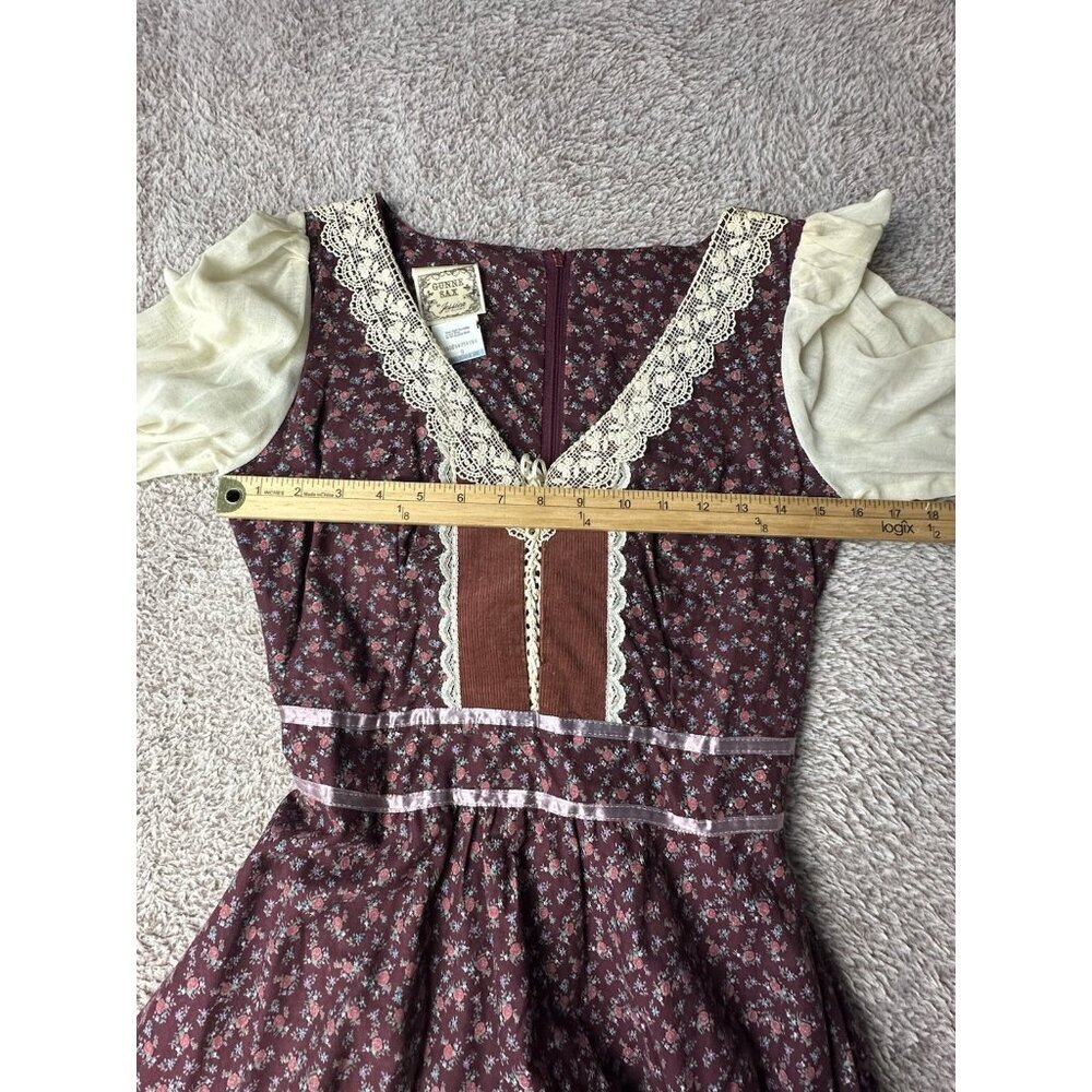Gunne Sax by Jessica RARE 1970s Vintage Dress Burgundy Calico Midi Dress Size 9 - Picture 8 of 16